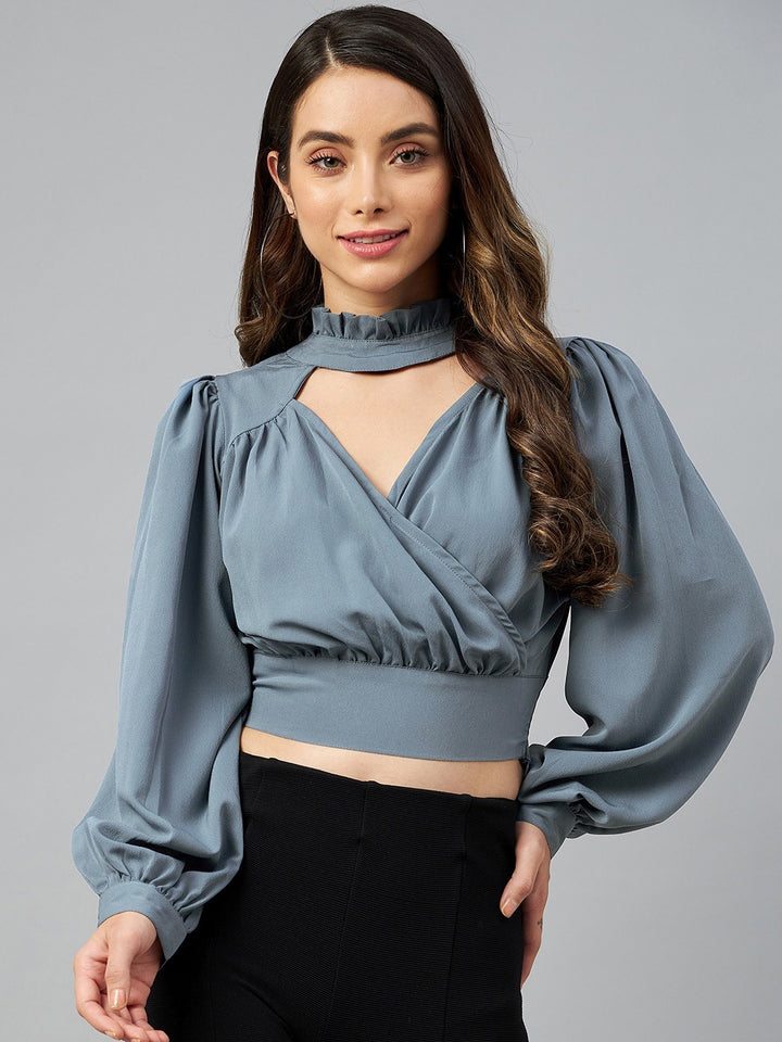 plusS Blue Solid Bishop Sleeves Wrap Top