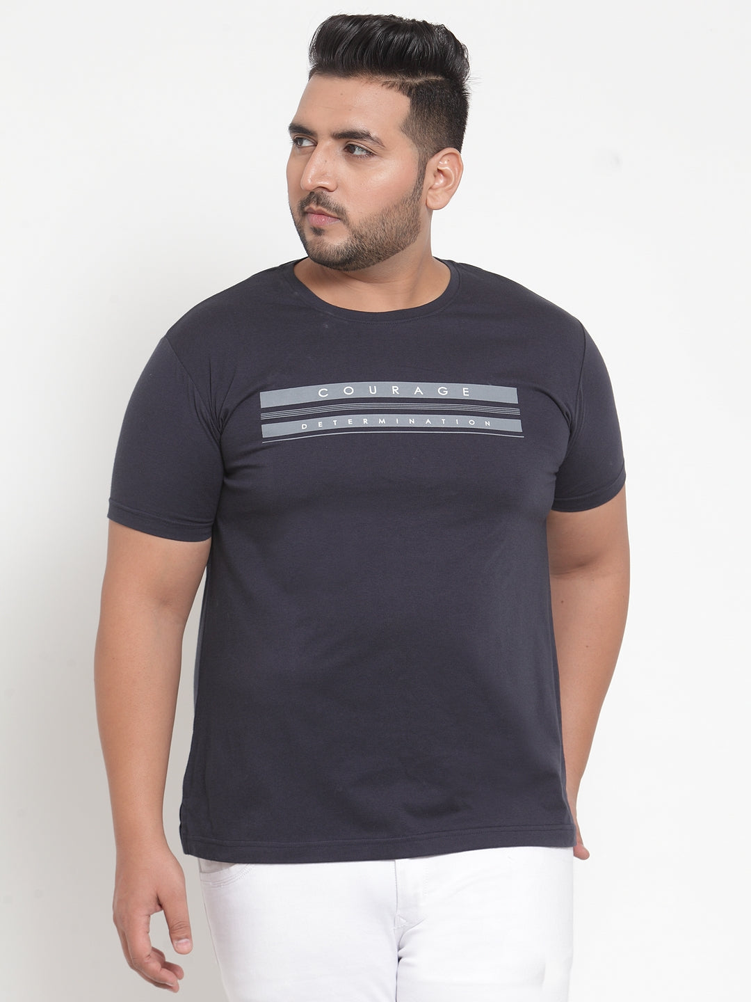 Men Navy Blue Printed Round Neck Pure Cotton T-shirt