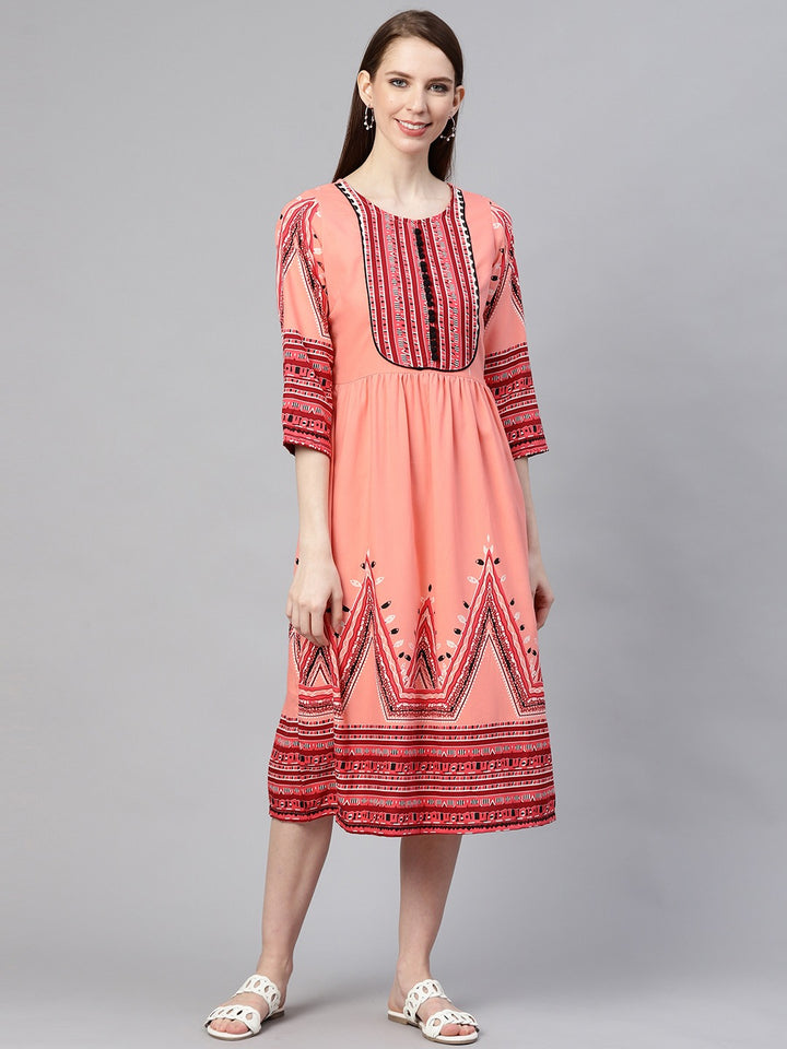 plusS Women Peach-Coloured  Red Printed A-Line Dress