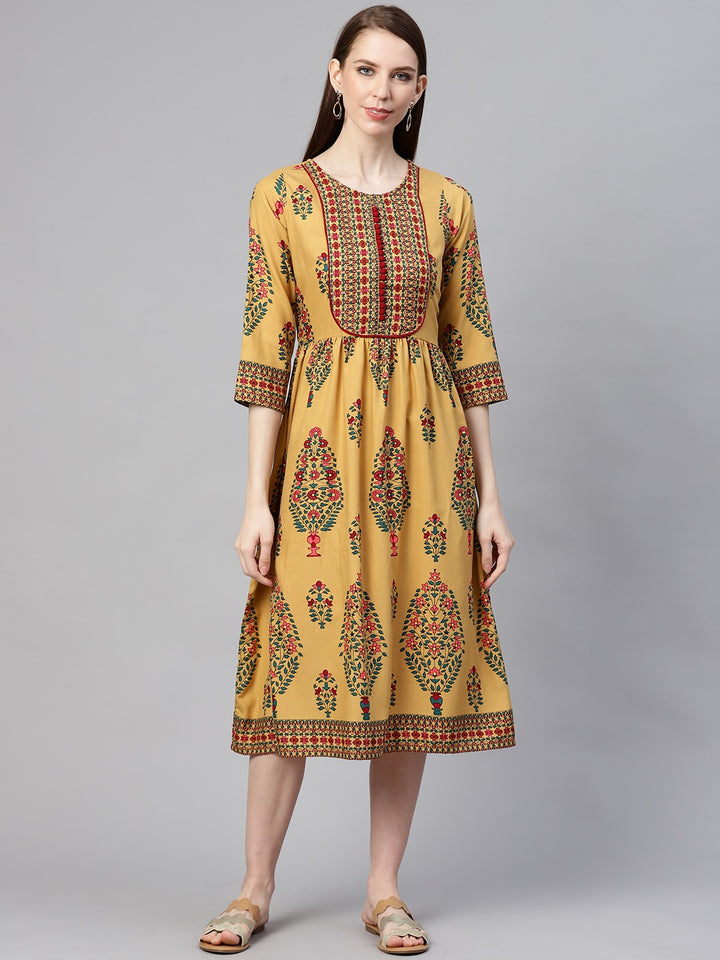 plusS Women Mustard Yellow  Pink Printed A-Line Dress