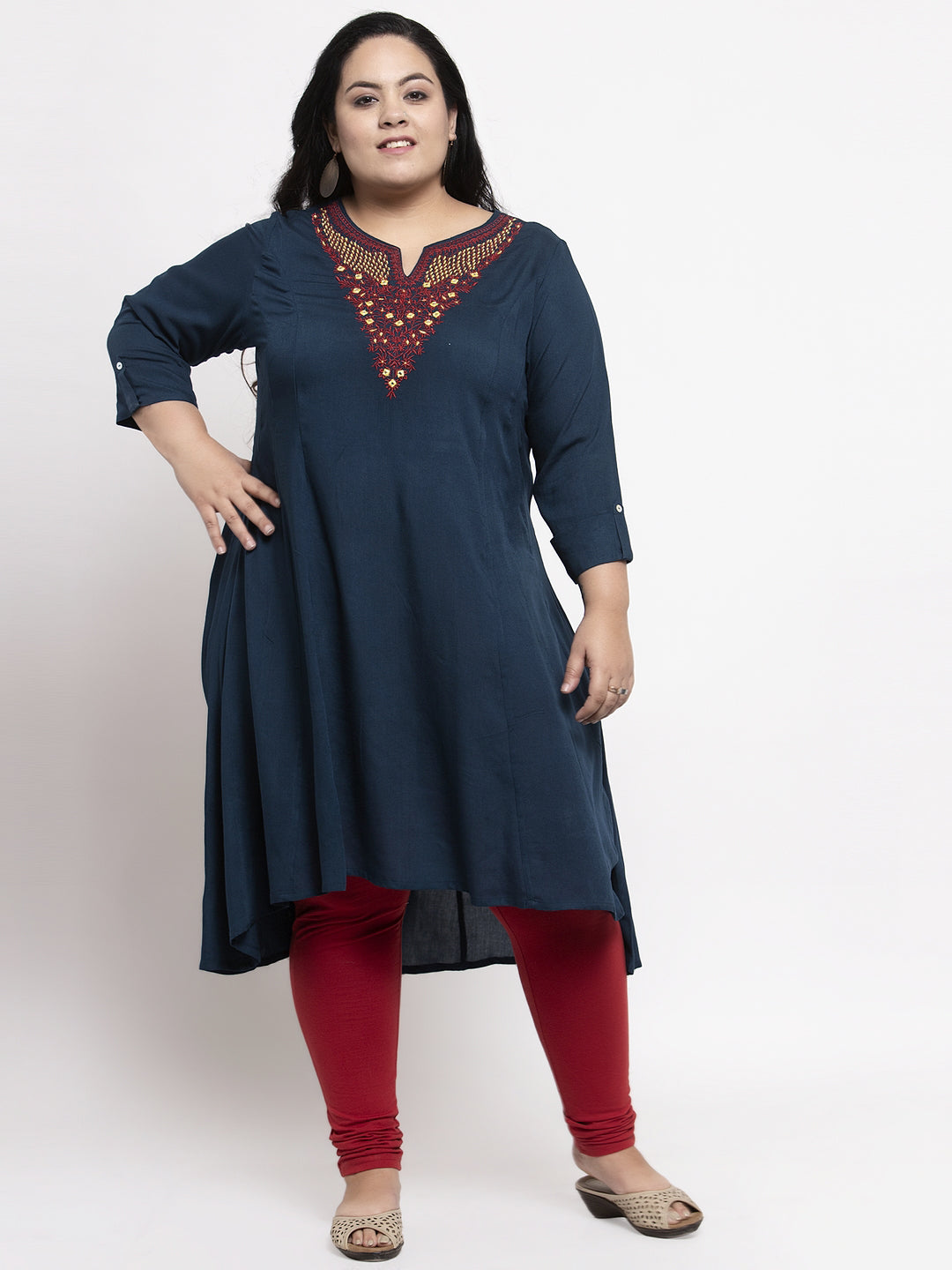 Sea Blue A-line Cotton Kurti with Embroidered Yoke & Sleeves – Premium Cotton Top (Medium - 2XL)