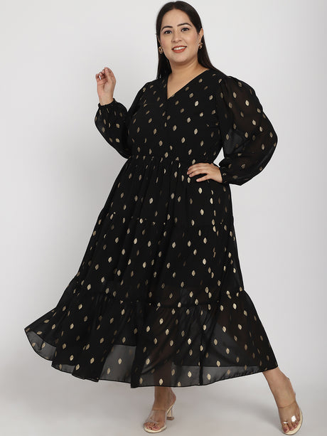 Plus Size Geometric Printed V-Neck Puff Sleeve Fit & Flare Pleated Maxi Dress