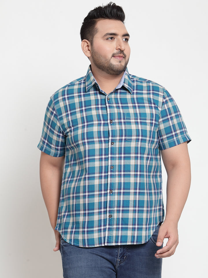 Men Blue & Cream-Coloured Regular Fit Checked Casual Shirt