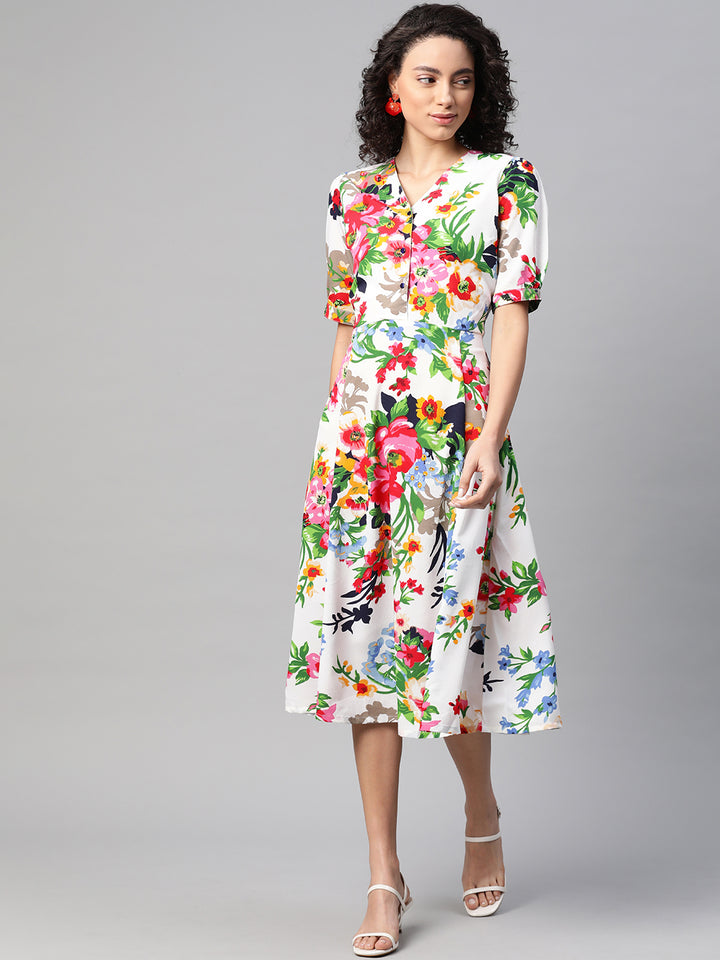 plusS Women White  Pink Floral Printed A-Line Dress