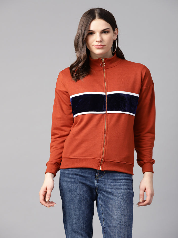 plusS Women Rust Brown  Navy Blue Colourblocked Sweatshirt