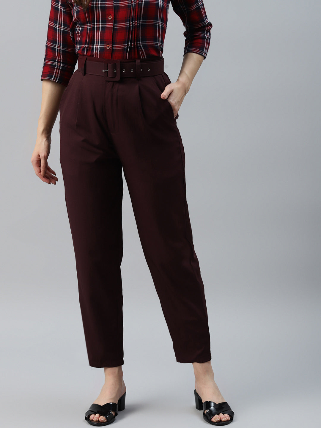 plusS Women Maroon Solid Pleated Trousers with Belt