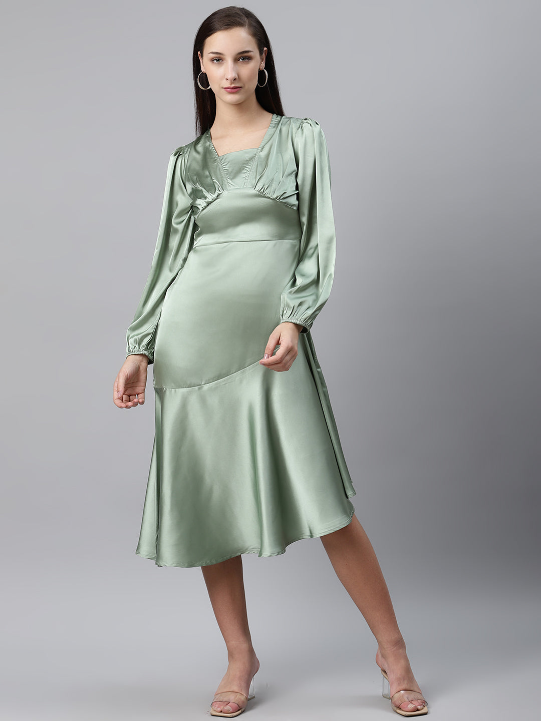 plusS Women Sea Green Solid Midi A-Line Dress