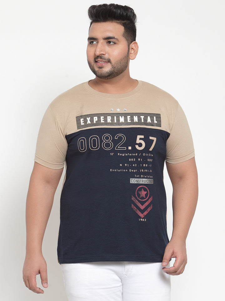 Men Beige Printed Round Neck Pure Cotton T-shirt