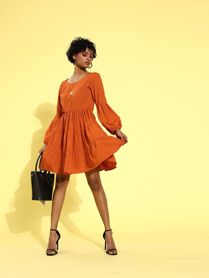 Women Attractive Orange Solid Sweetheart Neck A-Line Dress