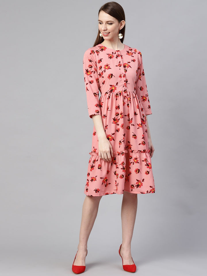 plusS Women Peach-Coloured  Red Floral Print Tiered A-Line Dress