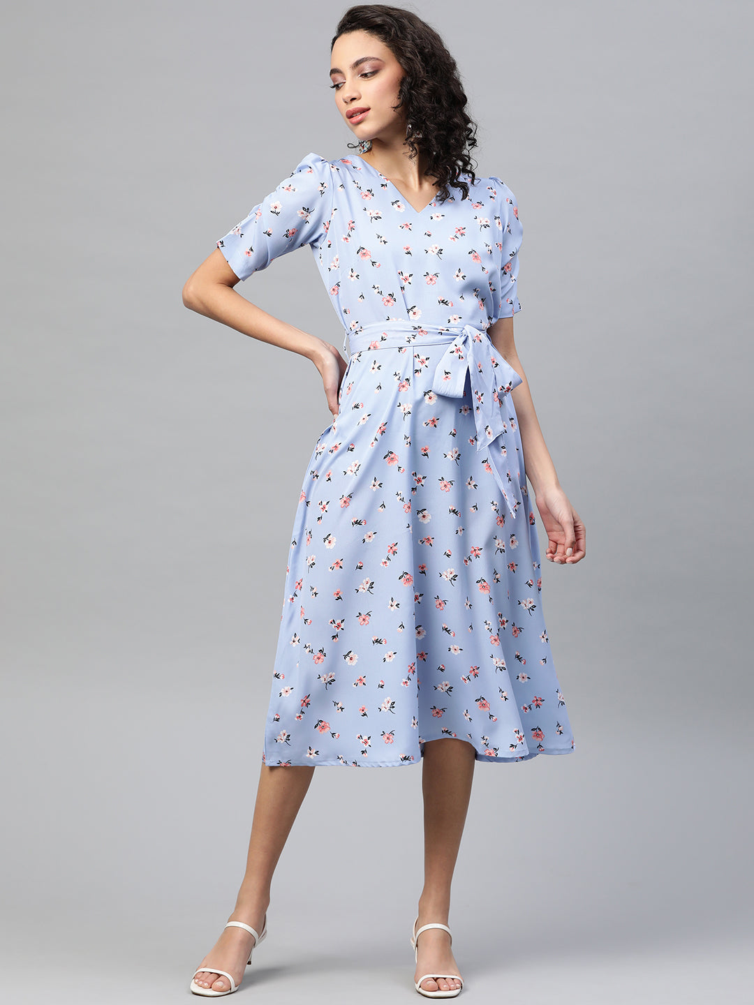 plusS Women Blue  Peach-Coloured Floral Print Midi A-Line Dress with Belt