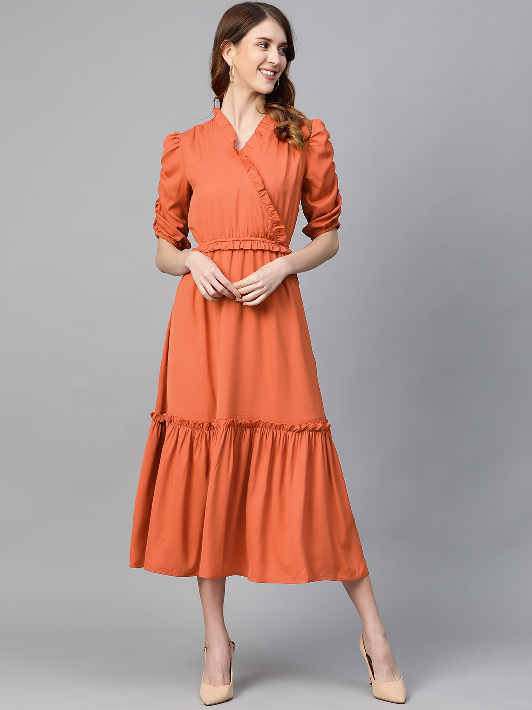 plusS Orange Tiered Wrap Dress