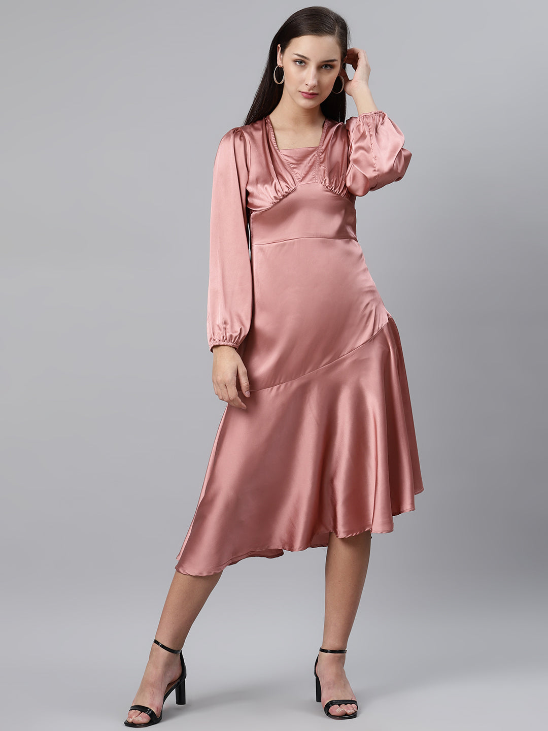 plusS Pretty Pink Pleated Solid Midi A-Line Dress