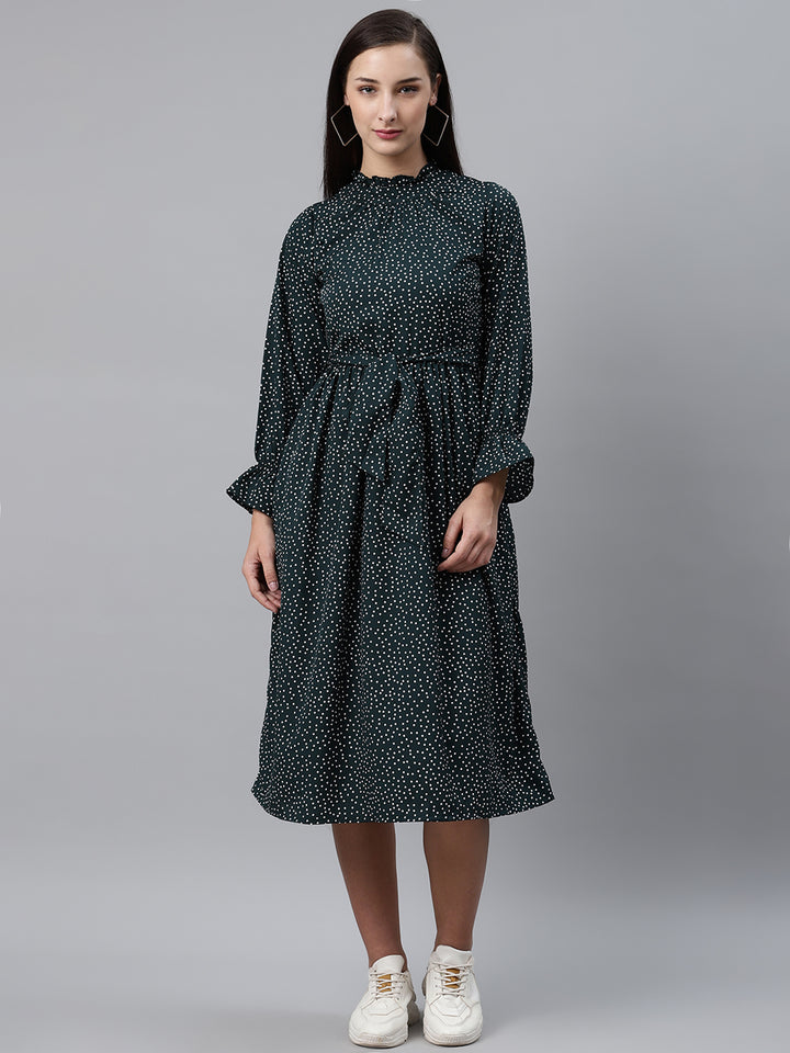 plusS Women Green  White Dotted Print A-Line Dress with Belt