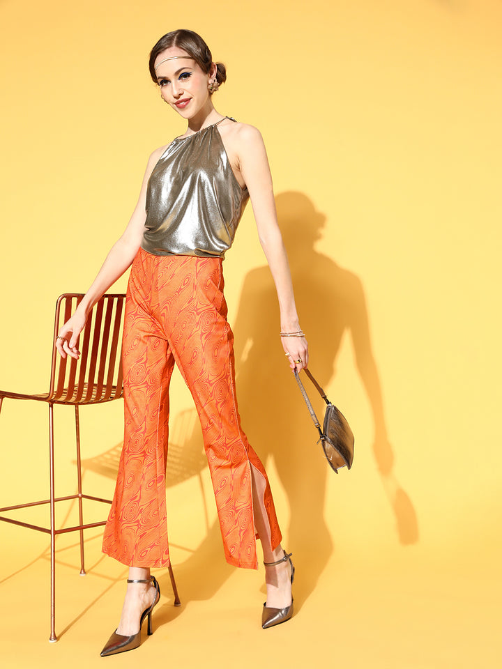 plusS Women Orange Abstract Print Side-Slit Trousers