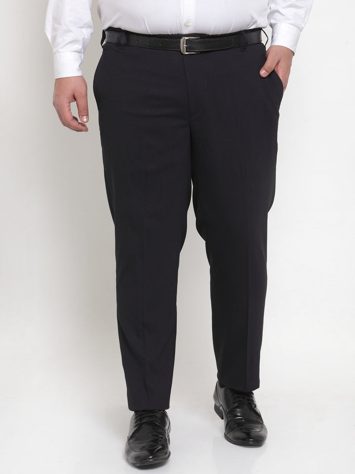 Men Navy Blue Regular Fit Solid Formal Trousers