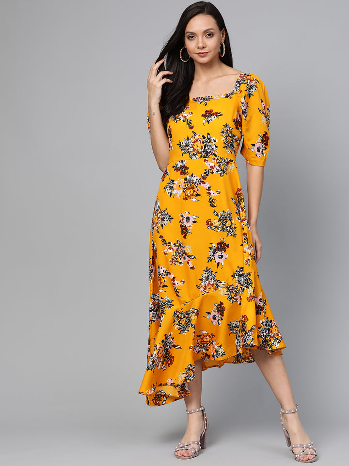 plusS Women Mustard Yellow  Black Floral Print A-Line Dress