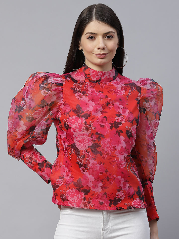 plusS Pink Floral Print Mandarin Collar Top