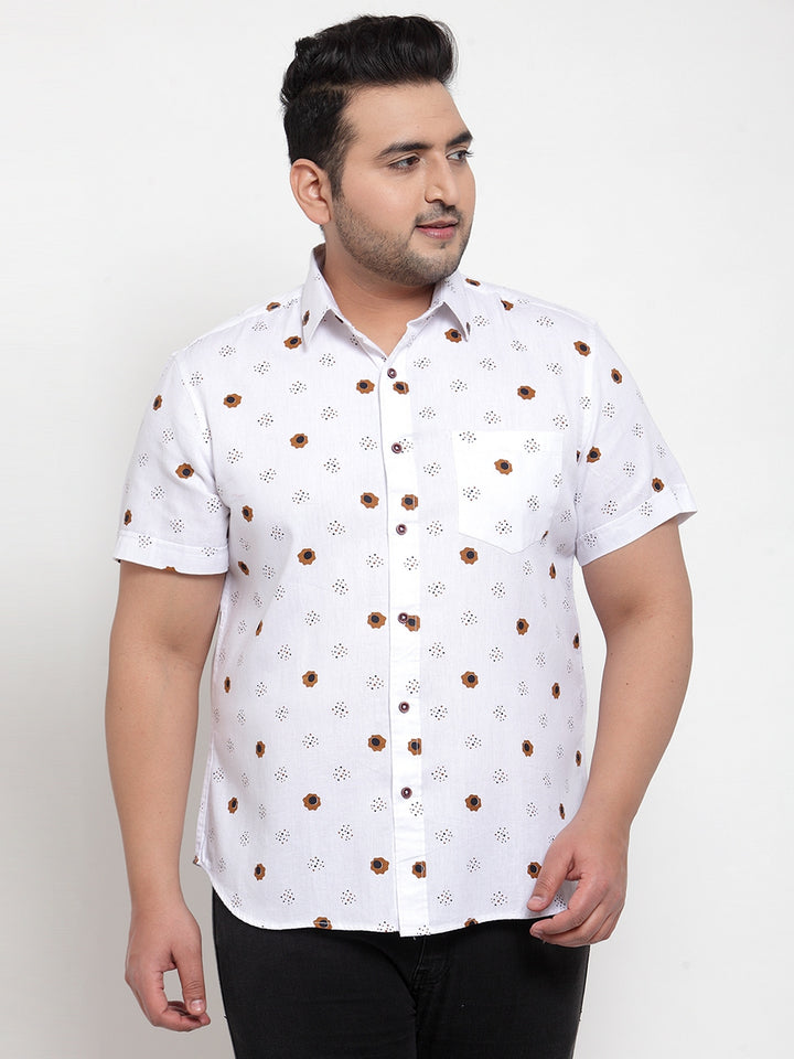 Men Plus Size White Regular Fit Printed Casual Shirt