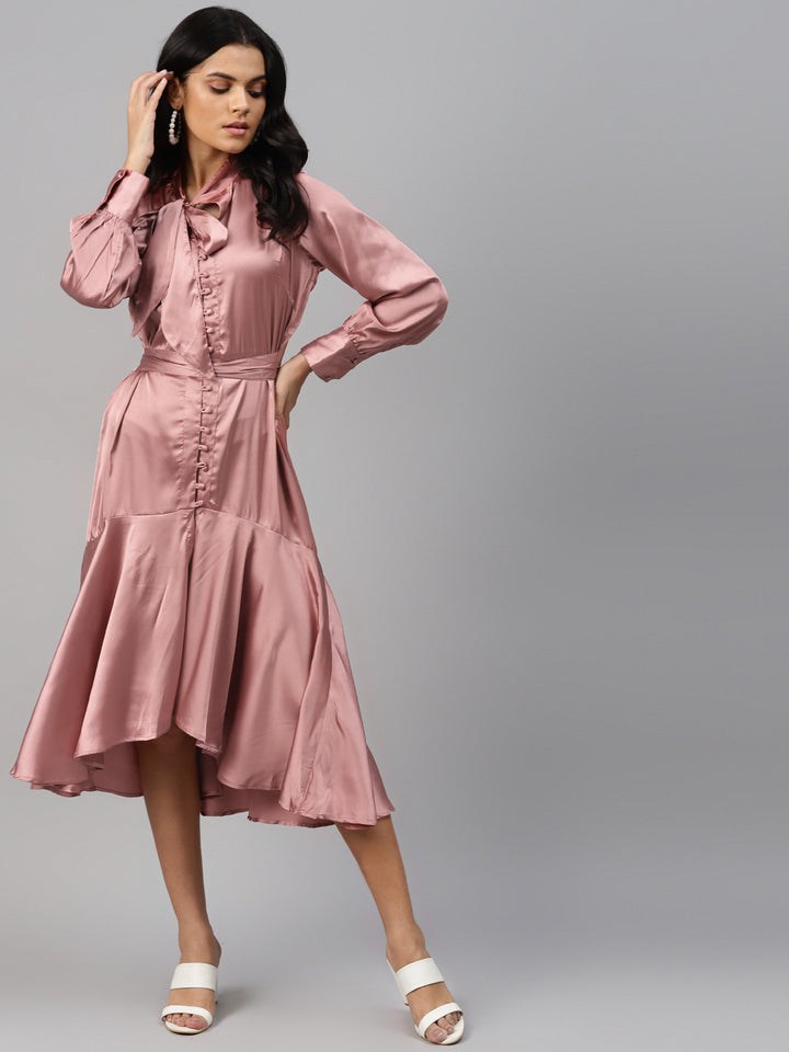 plusS Dusty Pink Tie-Up Neck A-Line Midi Dress