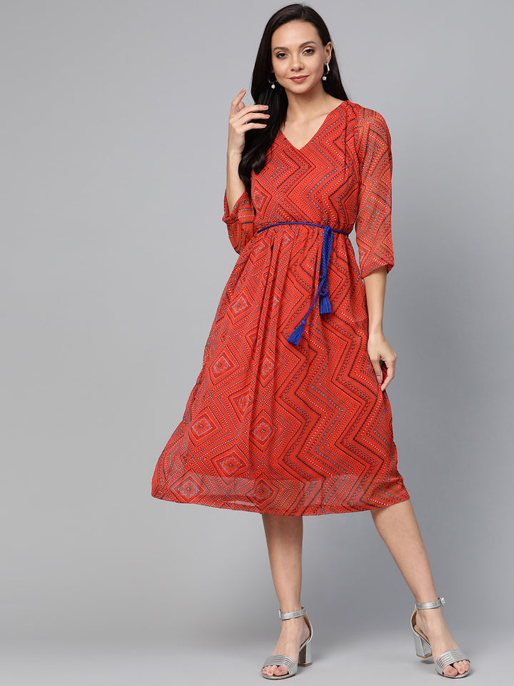 Women Red & Blue Printed A-Line Dress