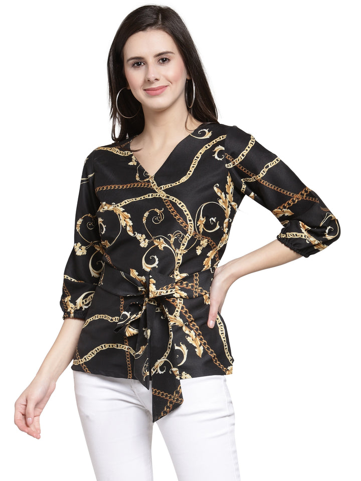 plusS Black Ethnic Motifs Cinched Waist Top