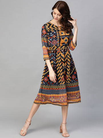 Navy Blue  Yellow Geometric Printed Midi A-Line Dress