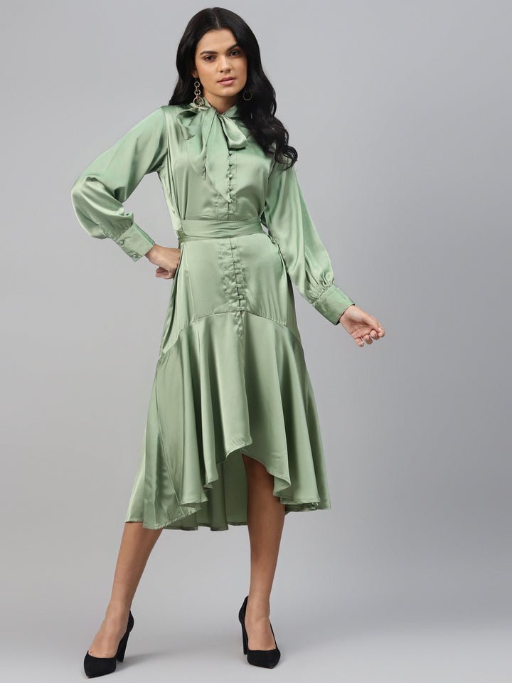 plusS Green Tie-Up Neck Satin A-Line Dress