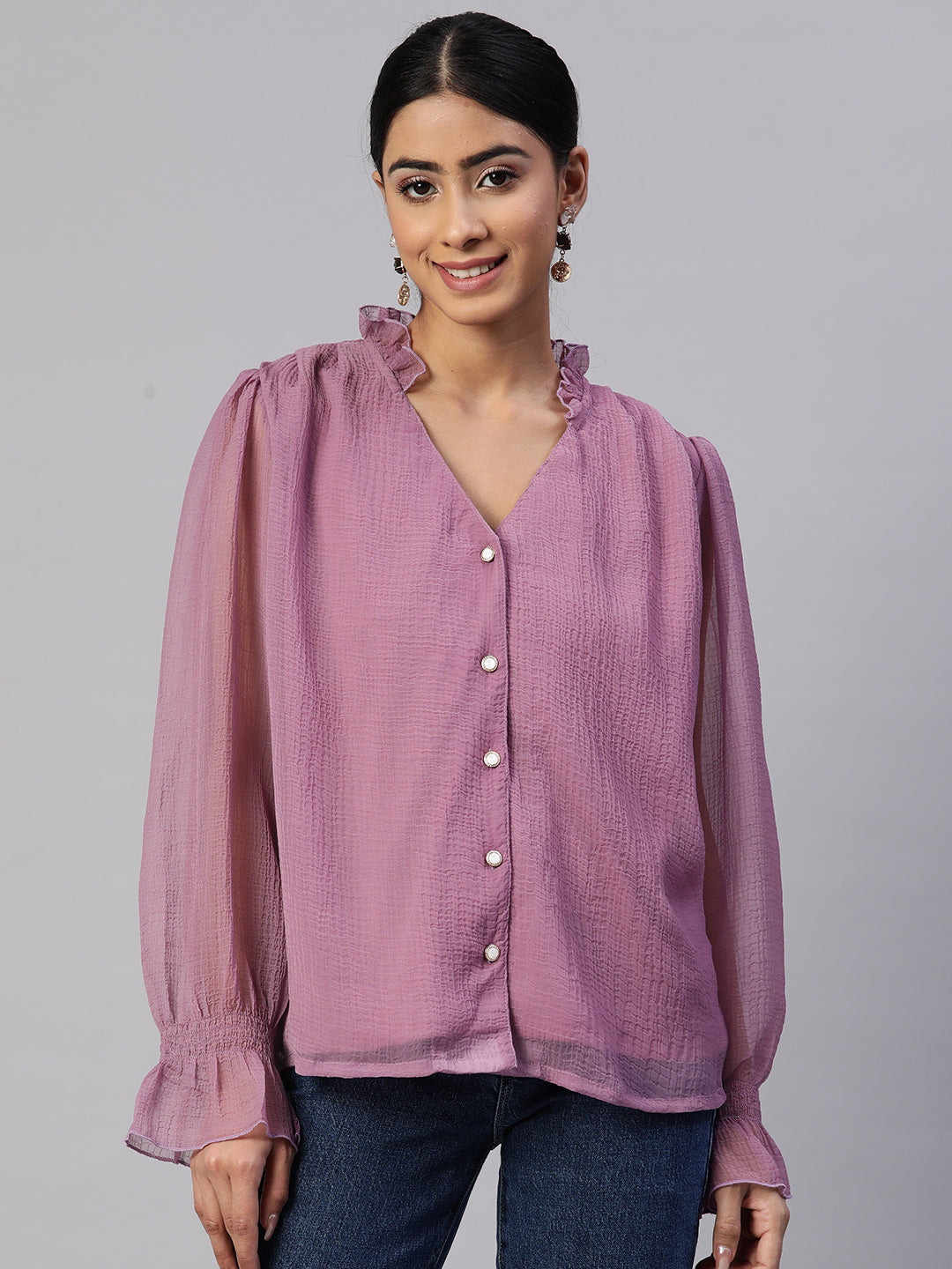 Solid Semi Sheer Casual Shirt