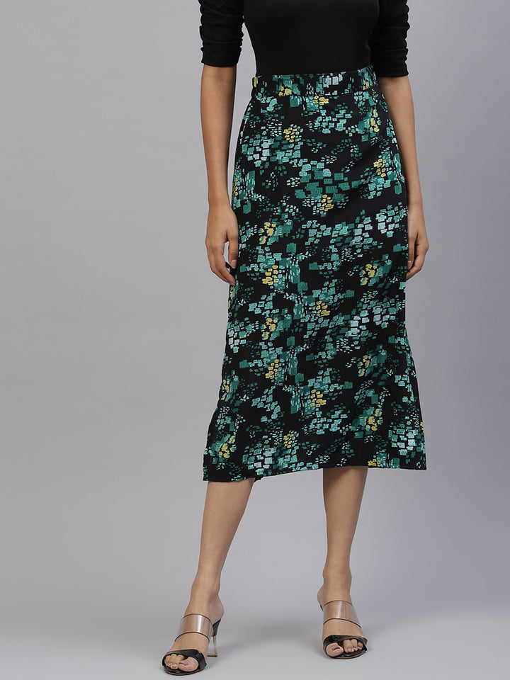 plusS Women Black  Green Floral A-Line Midi Skirt