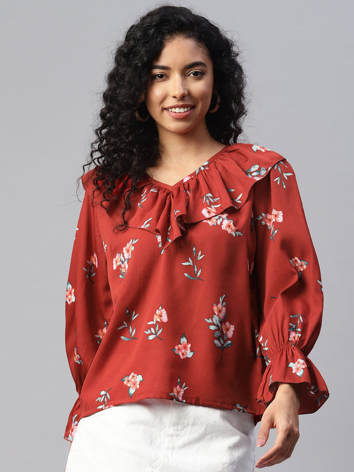 Floral Print Bell Sleeves Ruffles Top