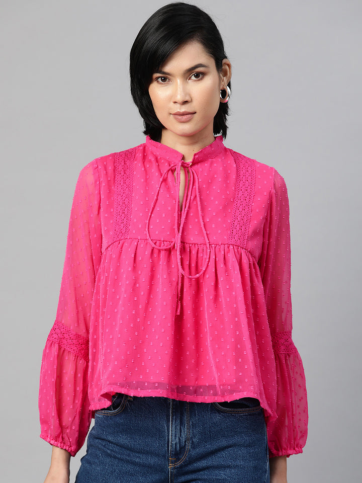 plusS Pink Self Design Tie-Up Neck Bishop Sleeves Georgette Cinched Waist Top