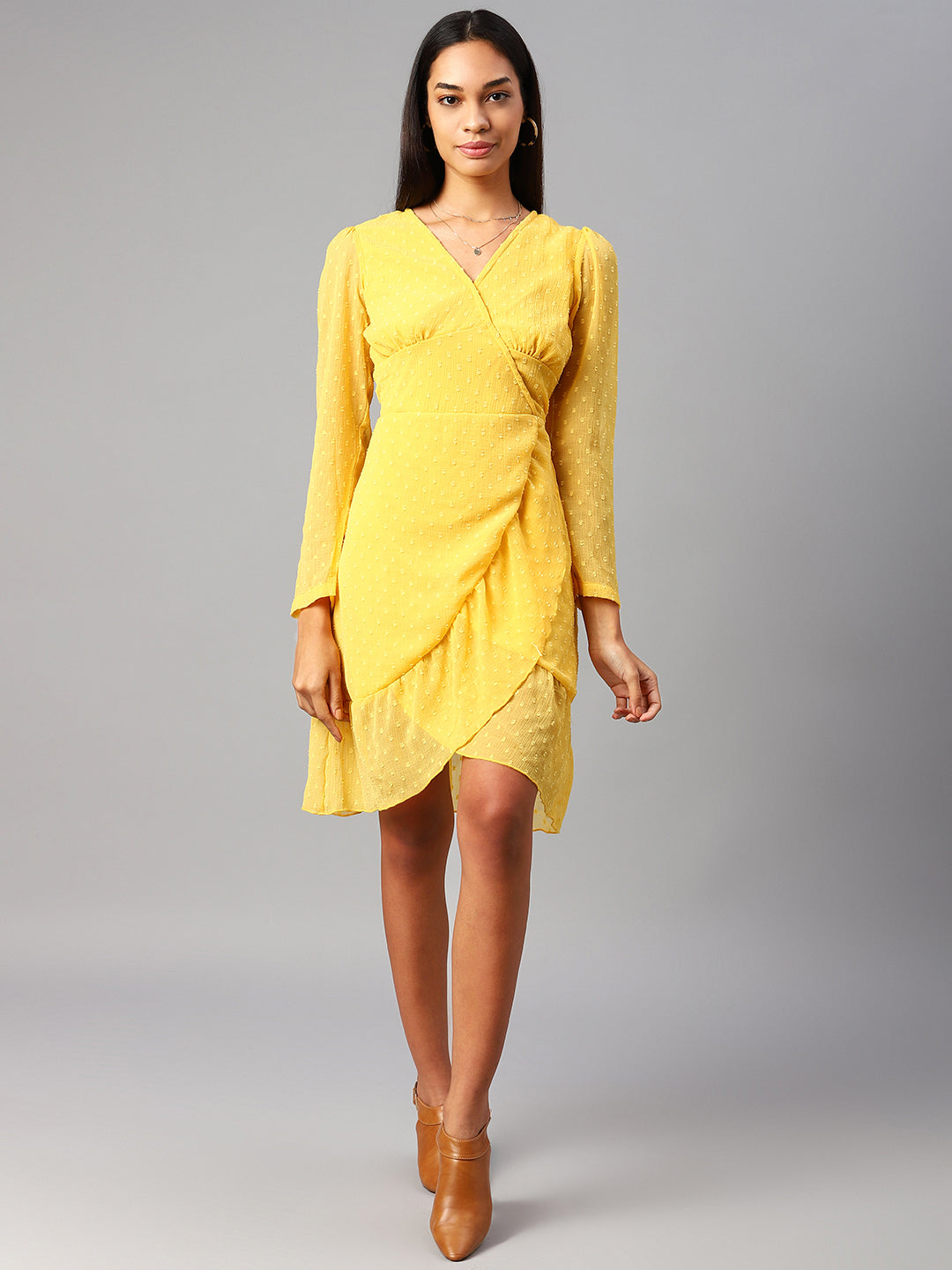 plusS Yellow Self Design Wrap Dress