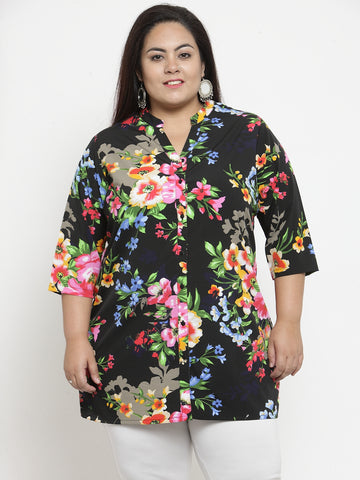 Plus Size Black Floral Printed Tunic