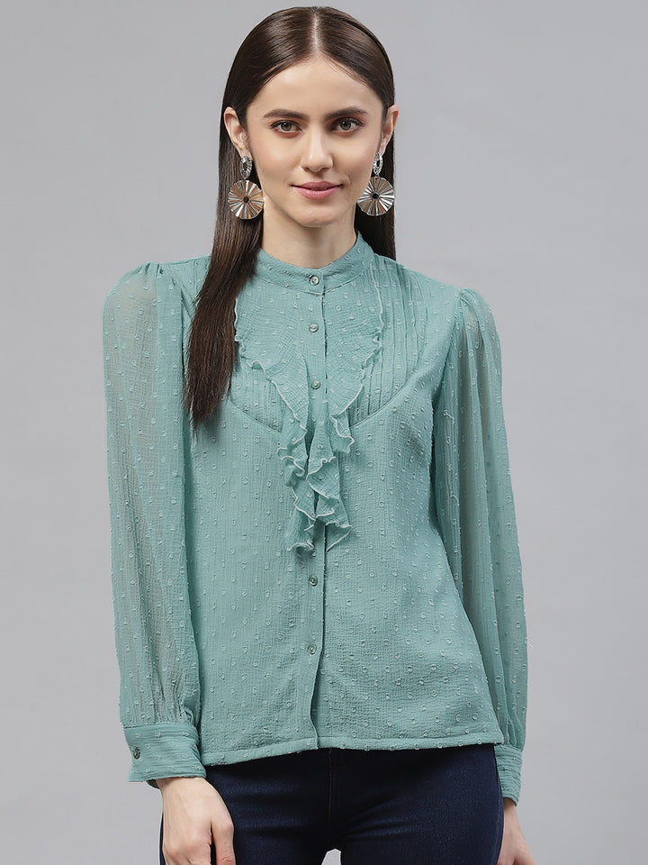 plusS Women Sea Green Mandarin Collar Ruffles Poly Georgette Top