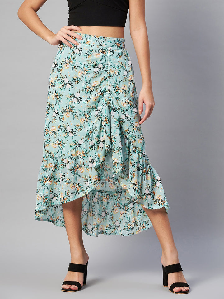 plusS Sea Green Floral Printed Midi A-Line Skirt