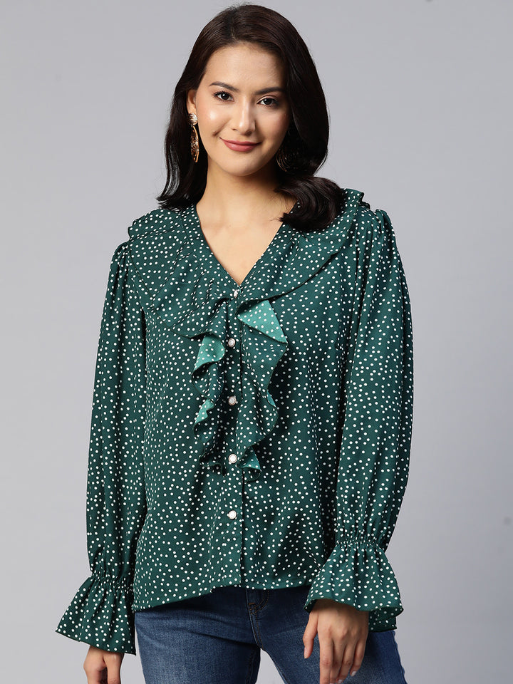 plusS Printed Bell Sleeves Ruffled Top