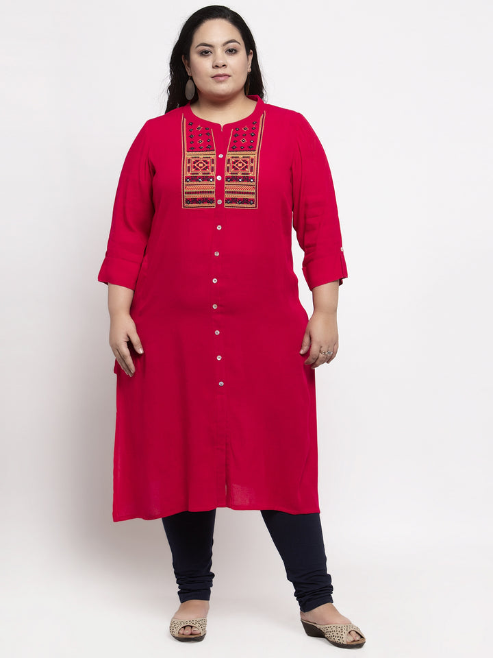 Women Red Embroidered A-Line Kurta