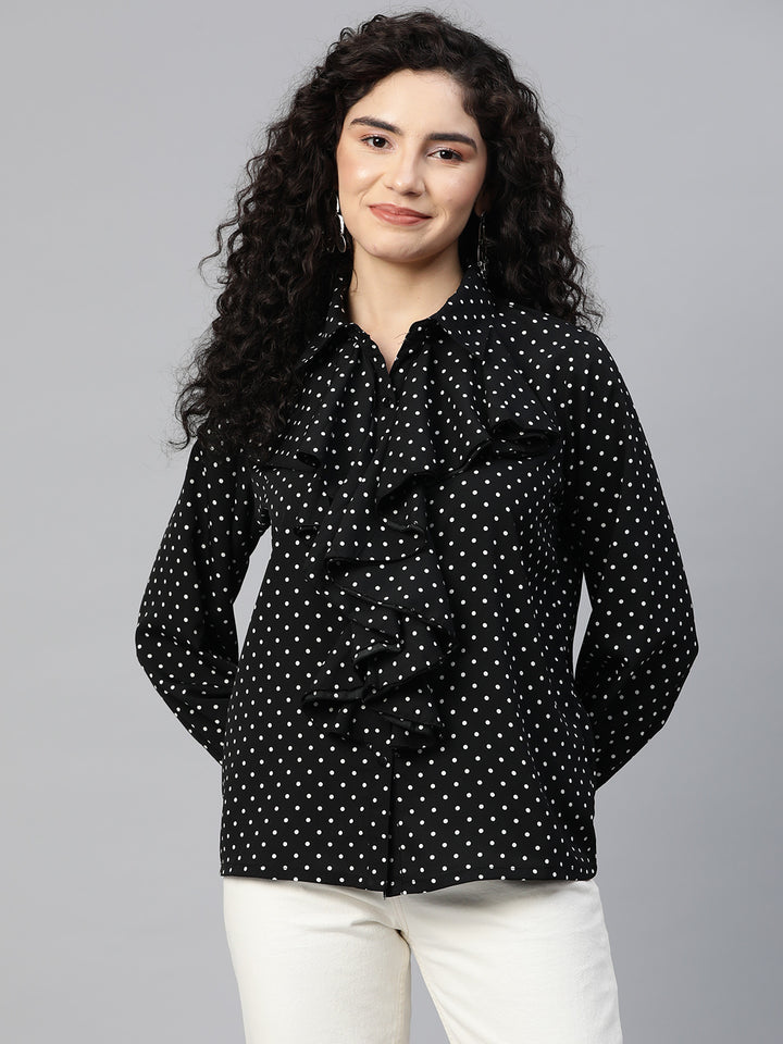 plusS Polka Dot Print Ruffles Shirt Style Top