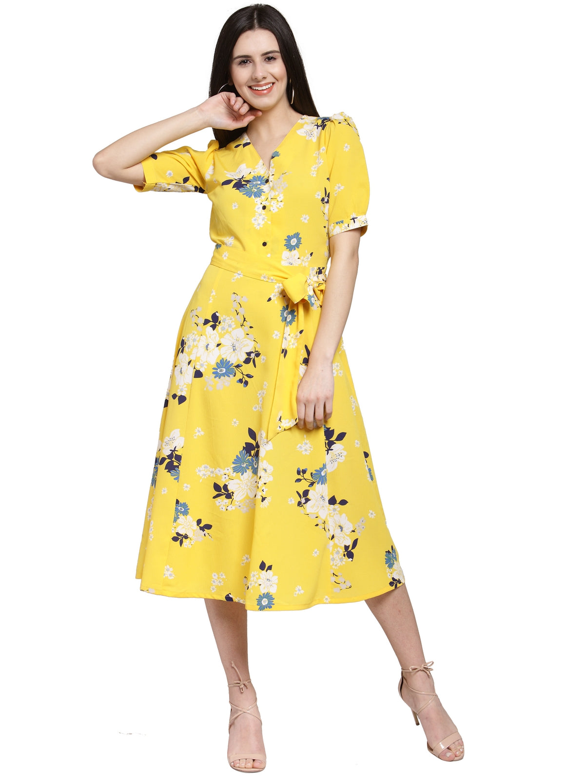 Yellow Floral Printed Fit and Flare Dress