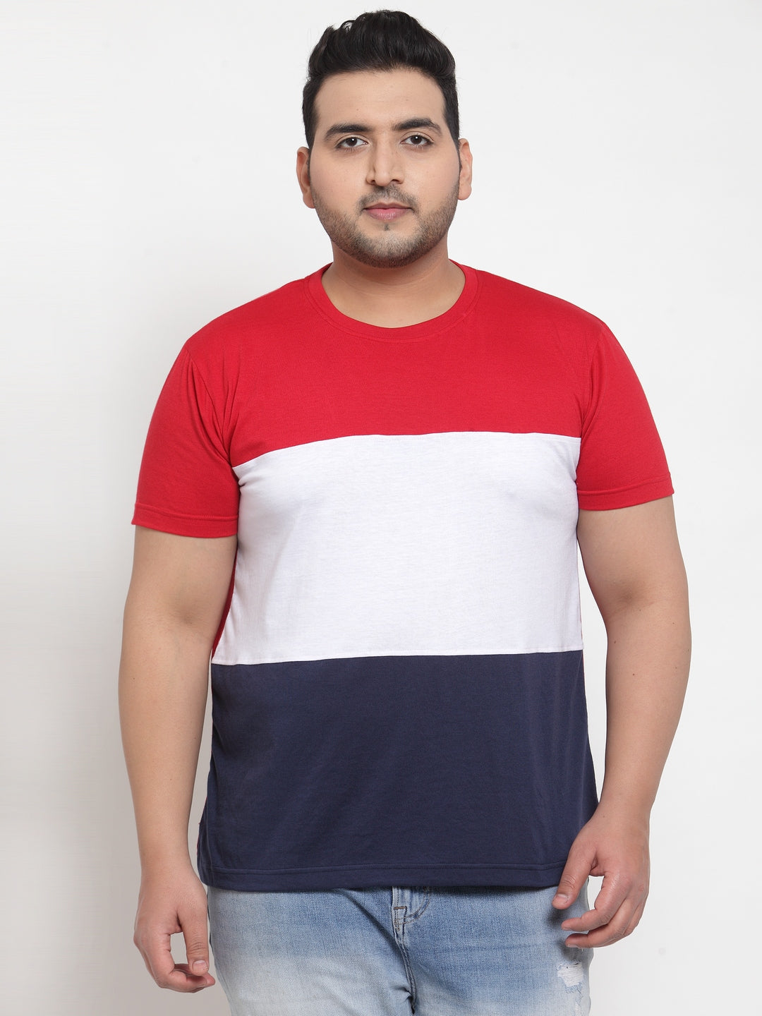 plusS Men Red  White Colourblocked Round Neck Pure Cotton T-shirt