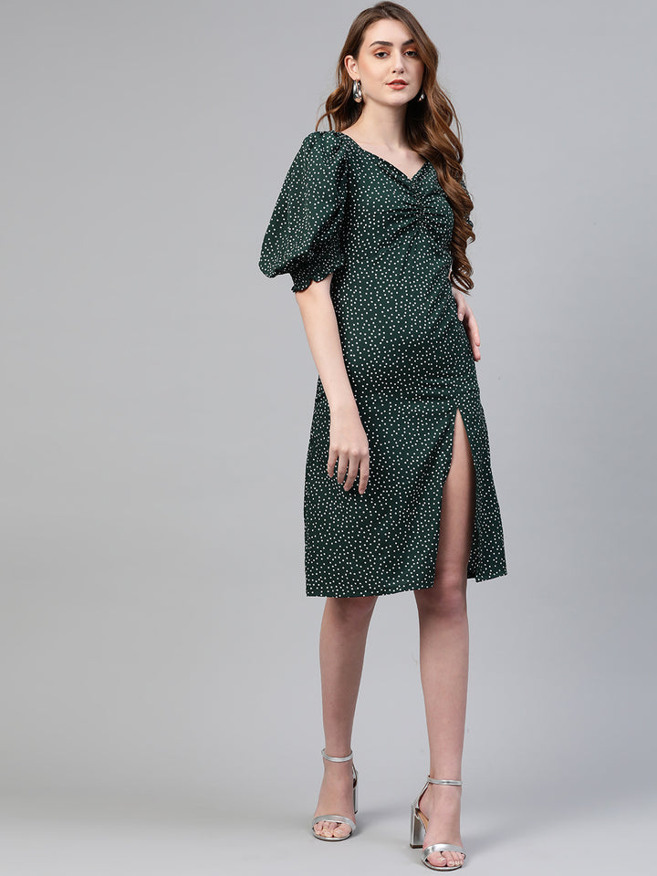 plusS Green Polka Dots Printed A-Line Dress