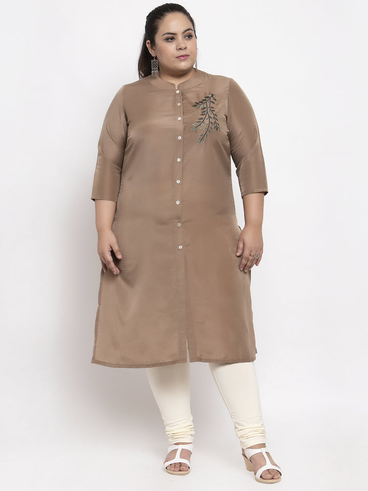 Brown Embroidered A-Line Kurta