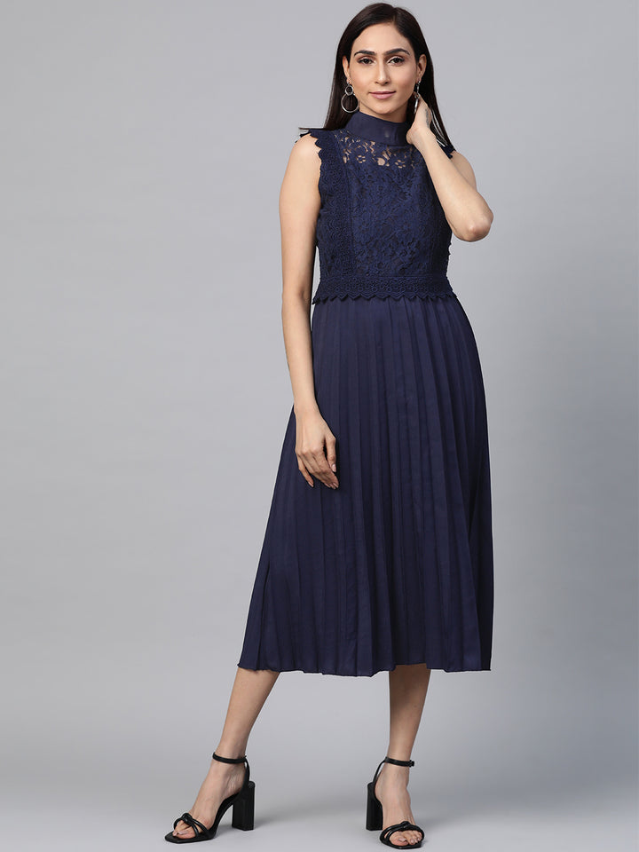 plusS Women Navy Blue Lace Detail Accordion Pleated A-Line Dress