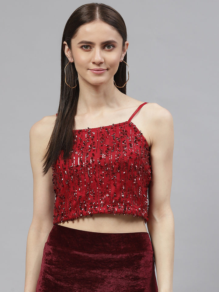 Women Red Poly Georgette Sequined Crop Top