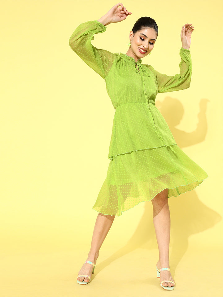 Green Self -Design Tiered Dress