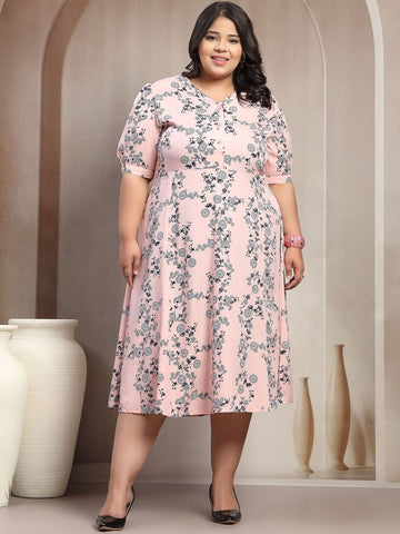 Plus Size Women Pink Floral Garden Print Midi Dress