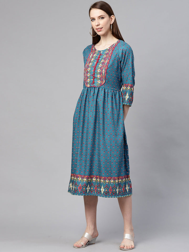 Blue  Pink Ethnic Motifs Ethnic A-Line Midi Dress