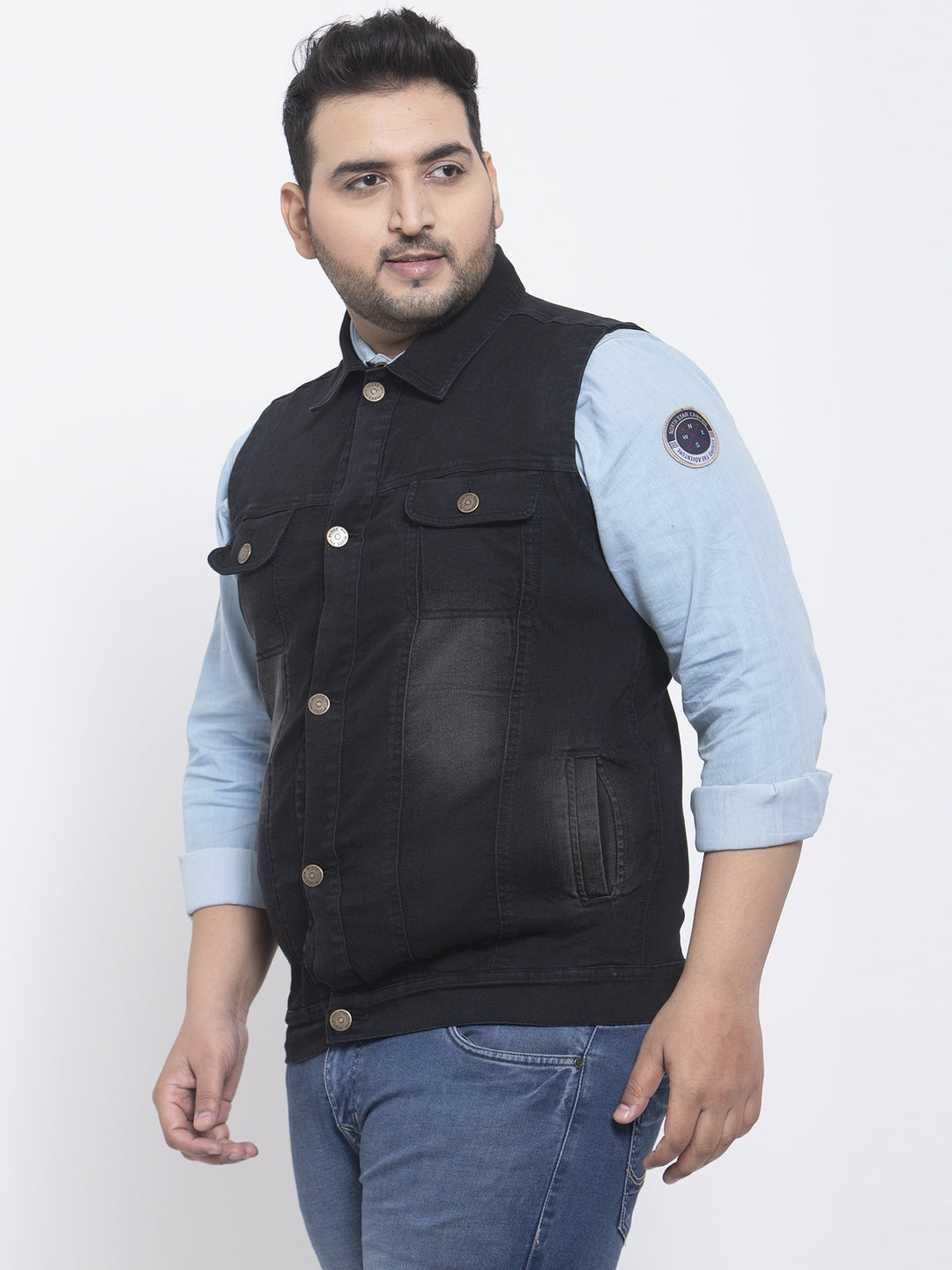 Men Plus Size Black Solid Sleeveless Denim Jacket