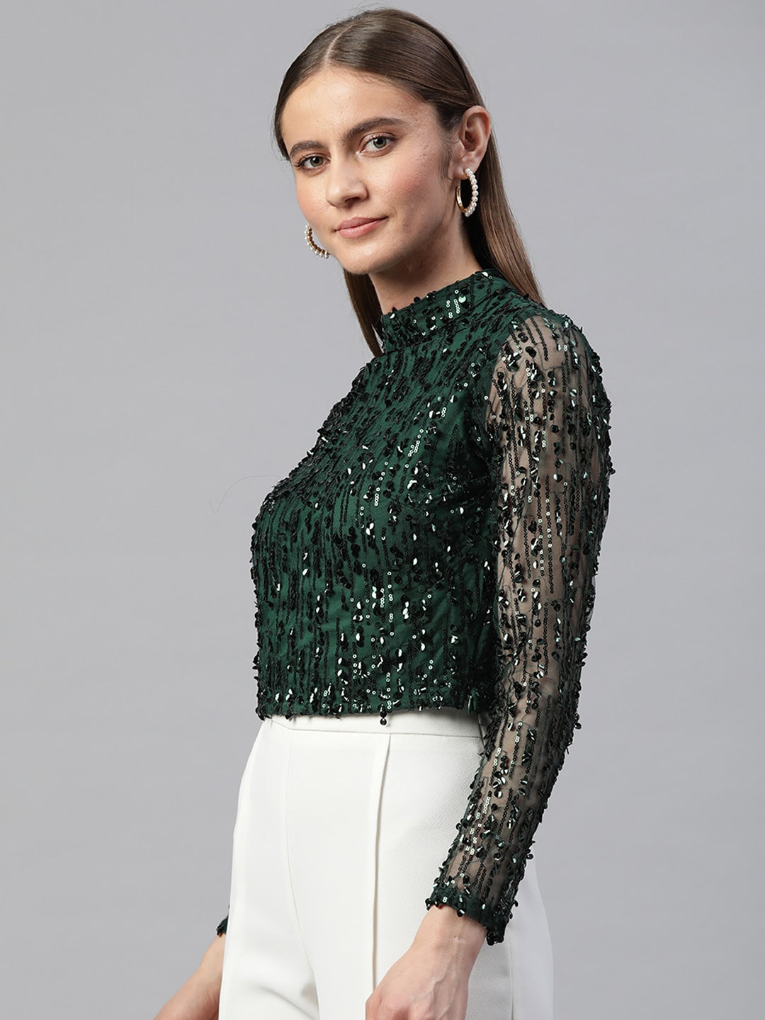 Teal-Green Embellished Mandarin Collar Top